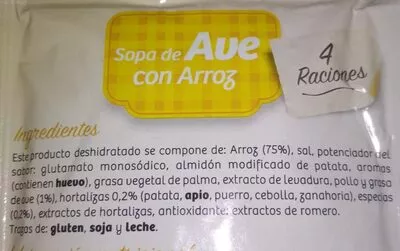 Lista de ingredientes del producto Sopa de ave con arroz Hacendado 