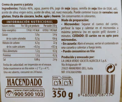 Lista de ingredientes del producto Vichyssoise Hacendado 