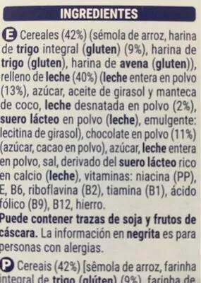 Lista de ingredientes del producto Cereales rellenos de leche Hacendado 500 g