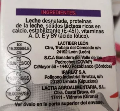 Lista de ingredientes del producto Leche enriquecida con calcio 100% natural Hacendado 1litro