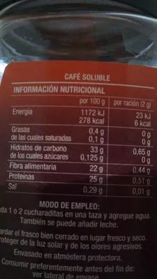 Lista de ingredientes del producto Cafe soluble Clásico Hacendado 200 g