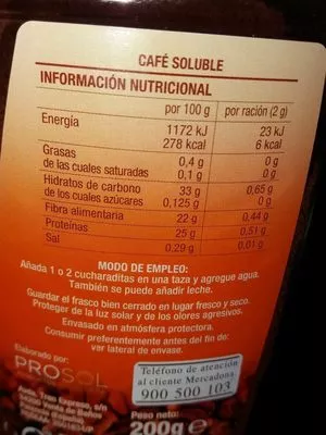 Lista de ingredientes del producto Café Soluble Hacendado 200 g