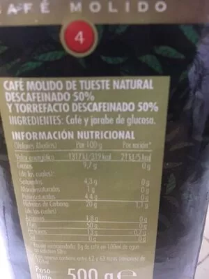 Lista de ingredientes del producto Café molido descafeinado mezcla Hacendado 500 g