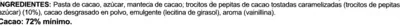 Lista de ingredientes del producto Chocolate negro 72% con pepitas de cacao Hacendado 100 g