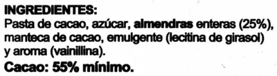 Lista de ingredientes del producto Tableta de chocolate negro con almendras 55% cacao Hacendado 200 g