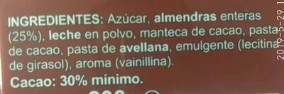 Lista de ingredientes del producto Chocolate con leche con almendras enteras Hacendado 200 g