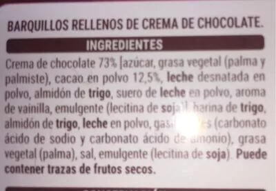 Lista de ingredientes del producto Barquillos rellenos de chocolate hacendado 210 g