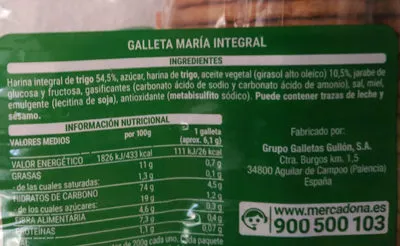 Lista de ingredientes del producto Galleta maría integral Hacendado 800g