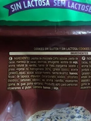 Lista de ingredientes del producto Cookies sin gluten ni lactosa Hacendado 