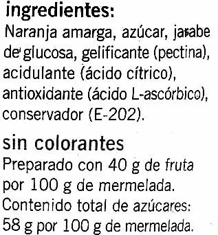 Lista de ingredientes del producto Mermelada De Naranja Amarga Hacendado 440 g (neto), 400 ml