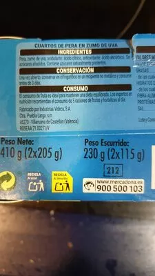 Lista de ingredientes del producto Pera en zumo de uva Hacendado 2 x 205 g