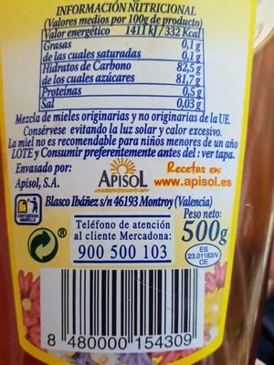 Lista de ingredientes del producto Miel de mil flores Hacendado 500 g