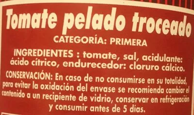 Lista de ingredientes del producto Tomate pelado troceado Hacendado 410g