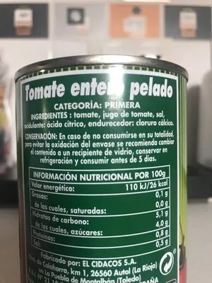 Lista de ingredientes del producto Tomate pelado entero Hacendado 