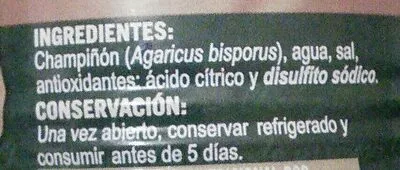 Lista de ingredientes del producto Champiñon laminado Hacendado 