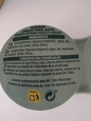 Lista de ingredientes del producto Champiñones laminados Hacendado 