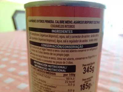 Lista de ingredientes del producto Champiñones enteros Hacendado 345 g