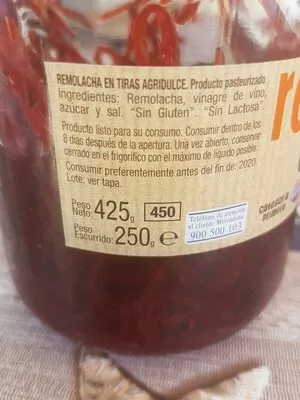 Lista de ingredientes del producto Remolacha en tiras agridulce Hacendado 