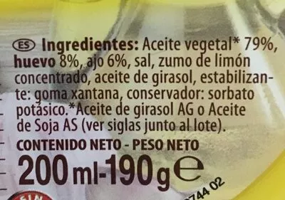 Lista de ingredientes del producto Allioli Hacendado 