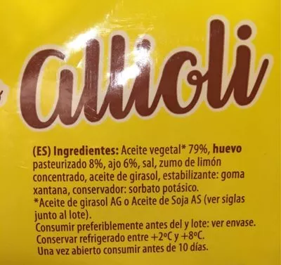 Lista de ingredientes del producto Allioli Hacendado 20 g