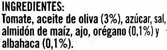 Lista de ingredientes del producto Salsa de tomate con albahaca y orégano Hacendado 300 g, 314 ml