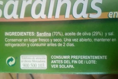 Lista de ingredientes del producto Sardinas en aceite de oliva Hacendado 117 g x 2