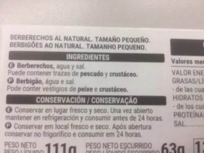 Lista de ingredientes del producto Berberechos al natural Hacendado 