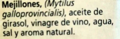 Lista de ingredientes del producto Mejillones en escabeche con aceite de girasol Hacendado 111 g, 13/18