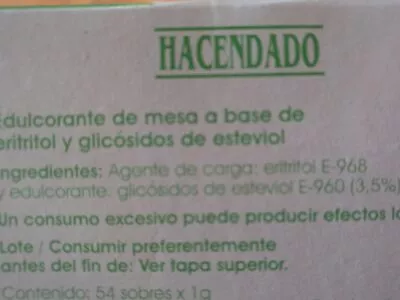 Lista de ingredientes del producto Stevia Hacendado 54 x 1 g