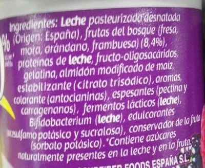 Lista de ingredientes del producto Bifidus 0% frutas del bosque Hacendado 500 g