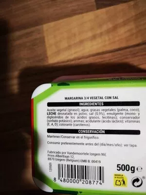 Lista de ingredientes del producto Margarina con sal Hacendado 500 g