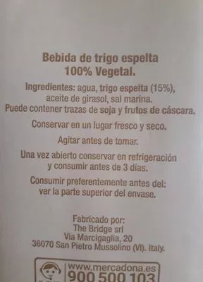 Lista de ingredientes del producto Bebida de trigo espelta Hacendado 1 l