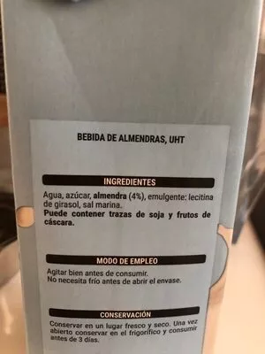 Lista de ingredientes del producto Bebida de almendras Hacendado 