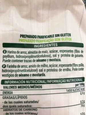 Lista de ingredientes del producto Preparado panificable sin gluten Hacendado 