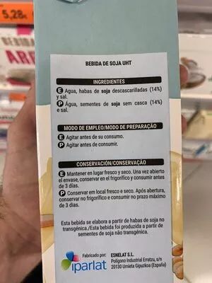 Lista de ingredientes del producto Bebida de soja Hacendado 