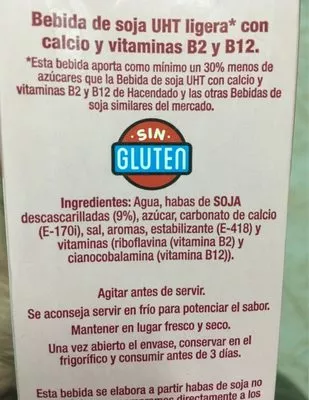 Lista de ingredientes del producto Bebida de soja light 100% vegetal Hacendado 1 L