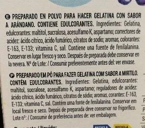 Lista de ingredientes del producto Gelatina 0% arándano Hacendado 