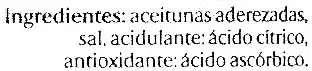 Lista de ingredientes del producto Aceitunas sin hueso Hacendado 835 g (neto), 400 g (escurrido), 850 ml