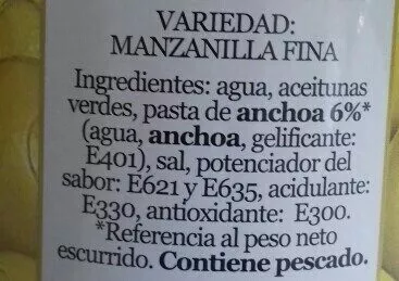 Lista de ingredientes del producto Aceitunas Verdes Rellenas De Anchoa Hacendado 