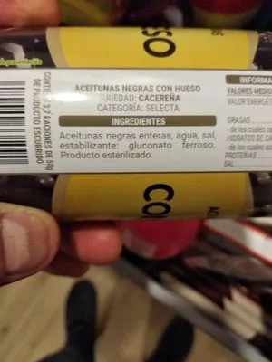 Lista de ingredientes del producto Aceitunas negras con hueso Hacendado 