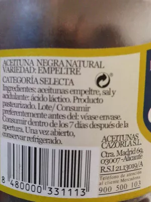 Lista de ingredientes del producto Aceitunas Negra Natural Negra De Aragón Hacendado 50 g