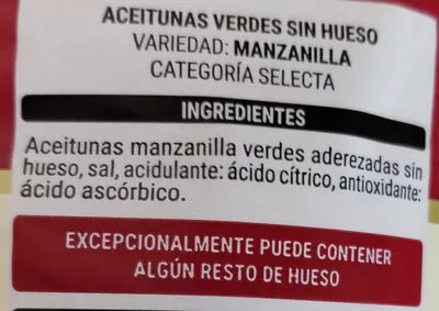 Lista de ingredientes del producto Pack aceitunas sin hueso Hacendado 75g x3