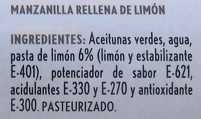 Lista de ingredientes del producto Aceitunas rellenas limón Hacendado 350 g neto, 150 g escurrido, 370 ml