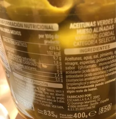 Lista de ingredientes del producto Aceitunas sin hueso aliñadas Hacendado 