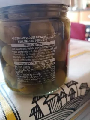 Lista de ingredientes del producto Aceitunas Verdes Deshuesadas Rellenas De Pepinillo Hacendado 