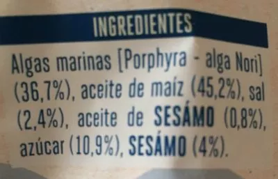 Lista de ingredientes del producto Algas con semillas de sésamo Hacendado 30g