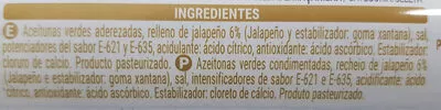 Lista de ingredientes del producto Aceitunas Verdes Rellenas De Jalapeño Hacendado 350 g (neto), 150 g (escurrido), 370 ml