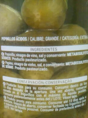 Lista de ingredientes del producto Pepinillos extra en vinagre Hacendado 670 g (neto), 370 g (escurrido), 720 ml