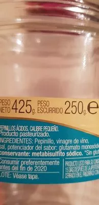 Lista de ingredientes del producto Pepinillos pequeños Hacendado 250 g