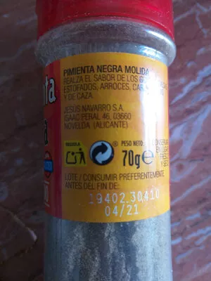 Lista de ingredientes del producto Pimienta Negra Hacendado 70 g